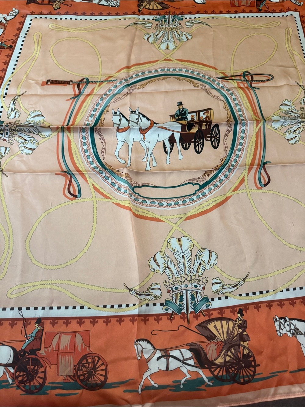 Vintage-Inspired Carriage Print Silk-feel Scarf in Peach and Orange